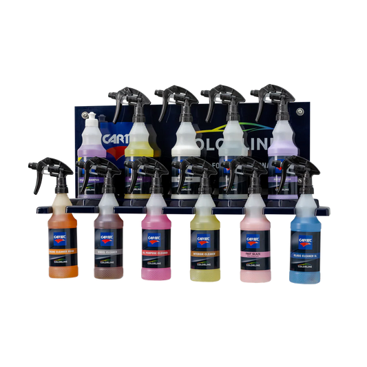 Set of Cartec car cleaning products including bottles and sprays on a white background