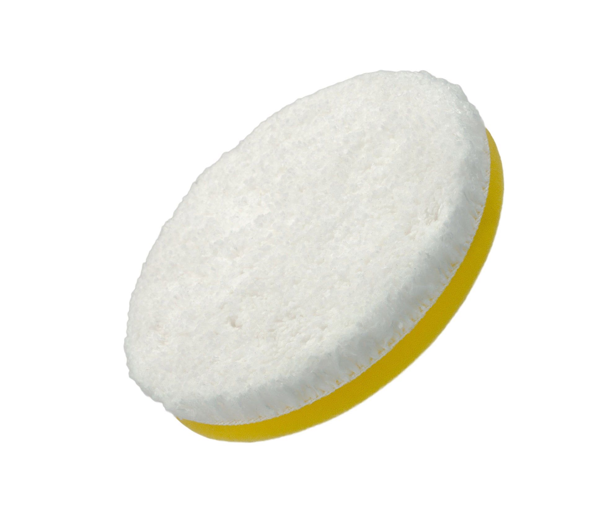 White microfibre polishing pad with yellow rim for car polishing