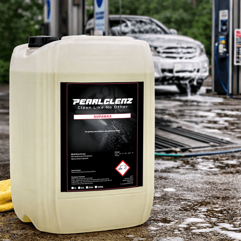 Pearlclenz Supawax professional vehicle wax for a high-gloss finish and added paint protection, shown at a commercial car wash.