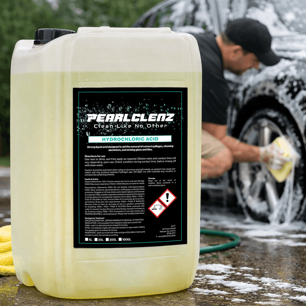Pearlclenz Hydrochloric Acid professional cleaning solution for removing cement splashes and stubborn deposits from vehicles and equipment.