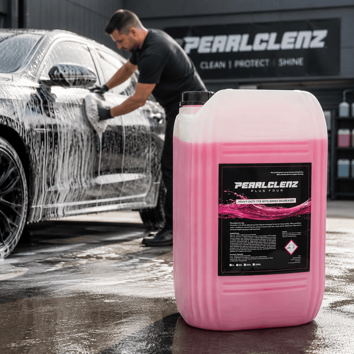 Professional heavy-duty traffic film remover (TFR) with added degreaser in a 20L container beside a technician washing a foam-covered car. Commercial vehicle cleaner for car detailing, fleet washing, valeting, engine bays, chassis cleaning and automotive maintenance.