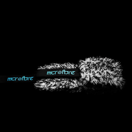Microfibre wheel pully for wheel cleaning with 'mcrofbre' branding on a black background