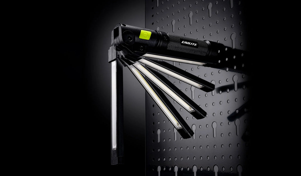 Unilite adjustable folding LED inspection light with multiple positions for car detailing, paint correction and workshop use.