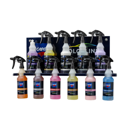 Set of Cartec car cleaning products including bottles and sprays on a white background