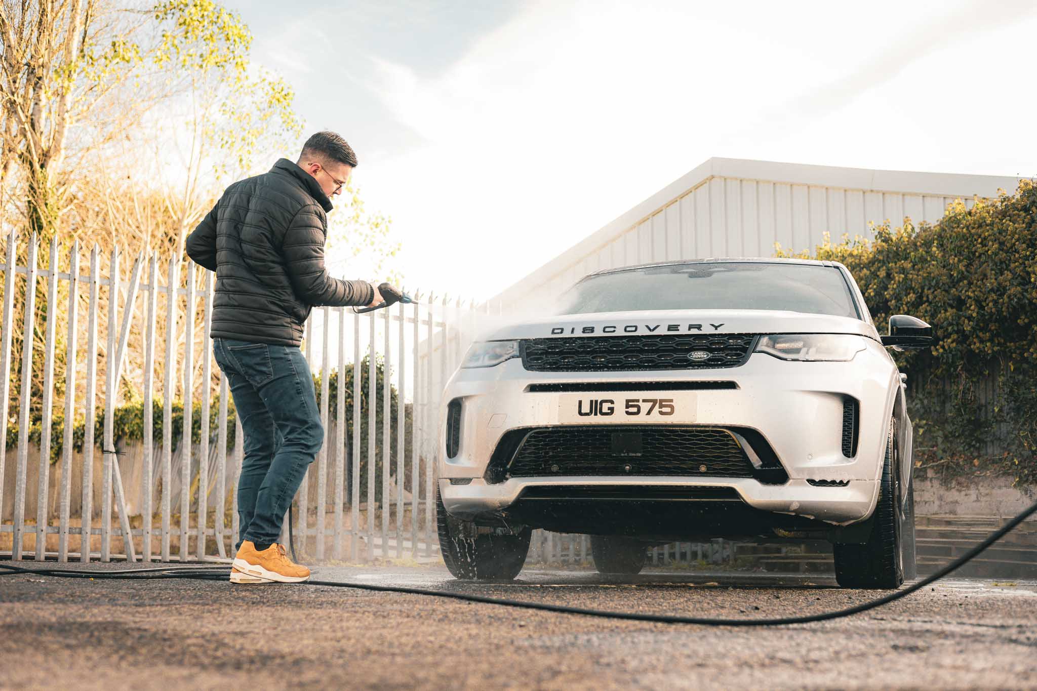 A discovery sport with pre wash , in a car wash near me using car cleaning products exterior from imobi detail products in UK