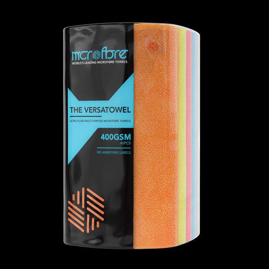 Mcrofbre Versatowel 400GSM ultra plush multi-purpose microfibre towels in assorted colours, supplied in a 40-pack for car detailing and cleaning.
