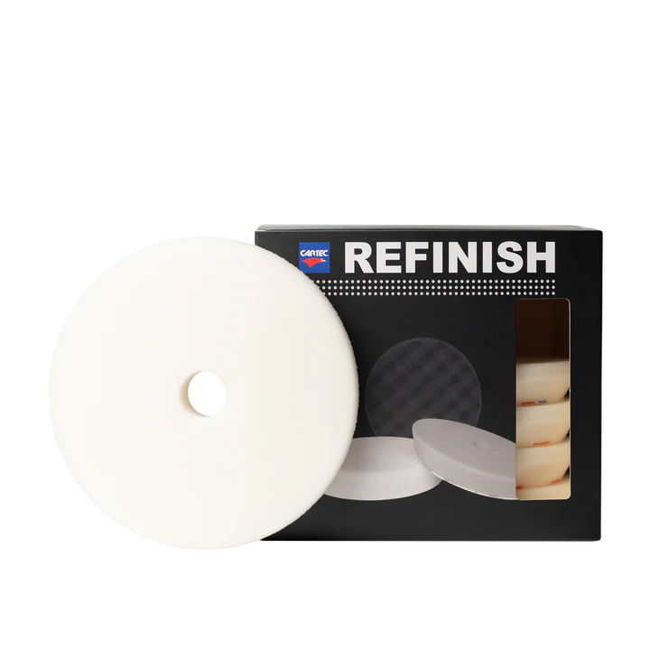 Cartec Refinish compound pads with a white disc and packaging on a white background
