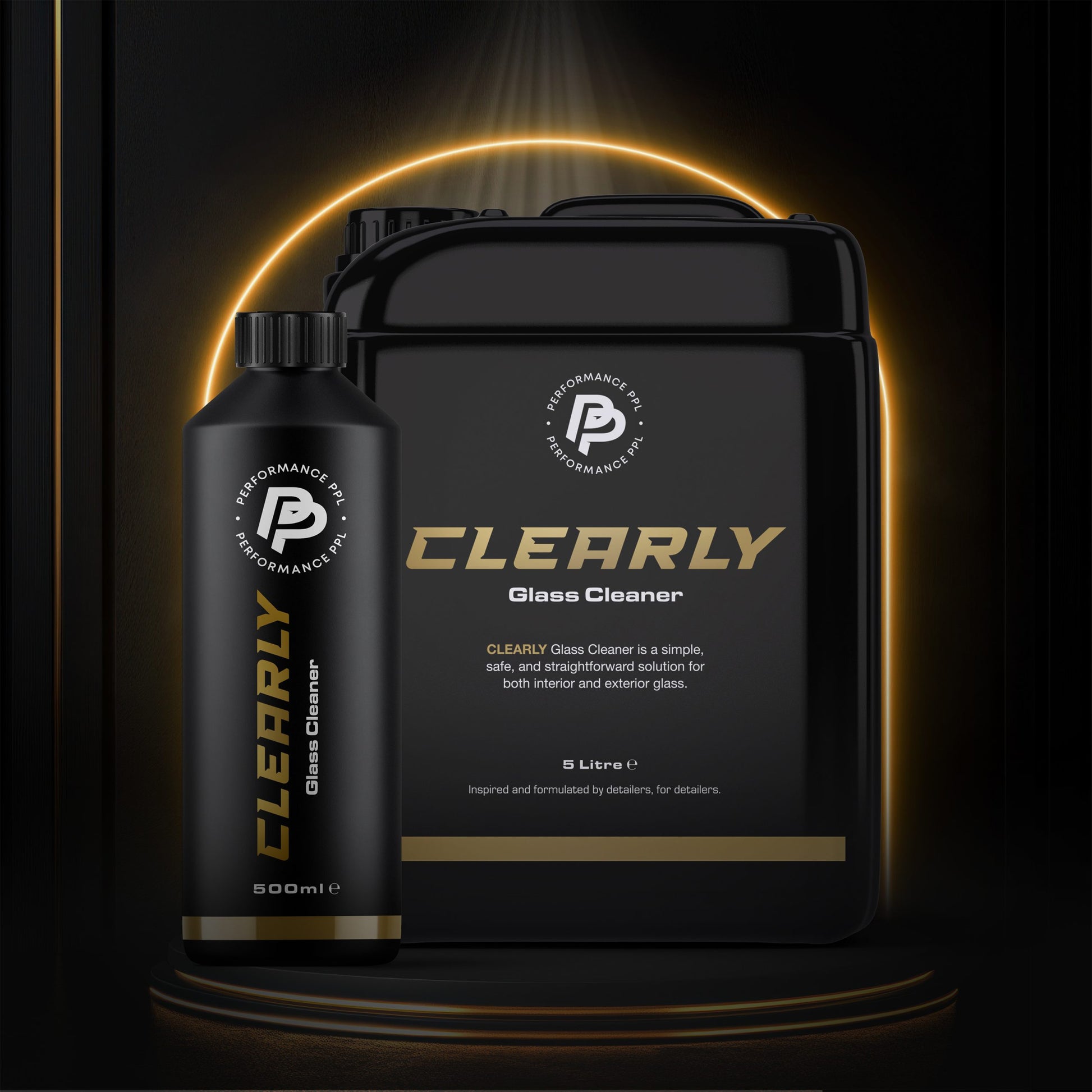 Performance PPL Clearly Glass Cleaner in 500ml and 5 litre sizes, designed for streak-free cleaning of interior and exterior vehicle glass.
