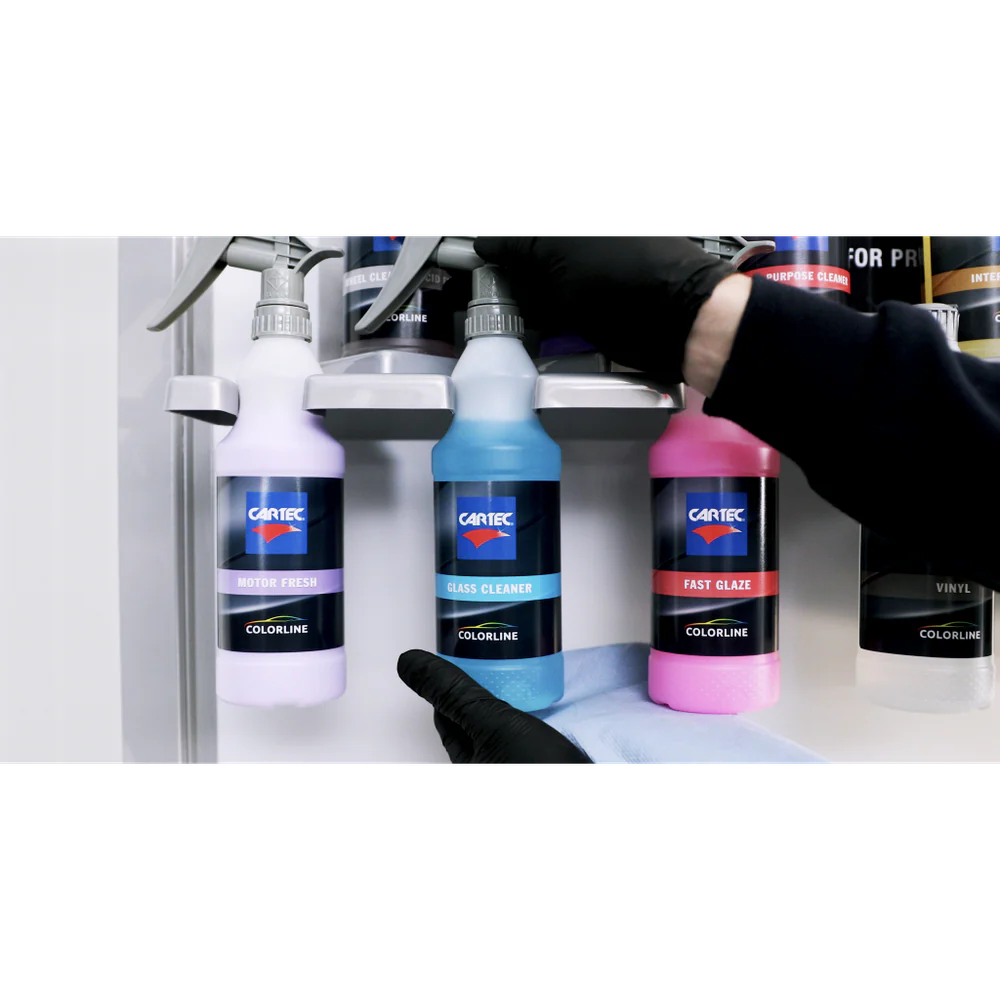 Cartec Colorline car detailing products including Motor Fresh, Glass Cleaner and Fast Glaze in colour-coded spray bottles for professional vehicle cleaning.