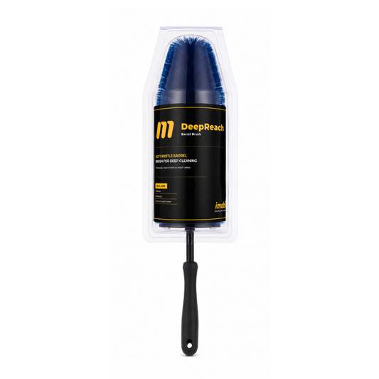 Imobi DeepReach soft bristle barrel brush for professional car detailing. Long wheel barrel cleaning brush designed to safely clean alloy wheels, wheel barrels, brake calipers and hard-to-reach areas without scratching delicate finishes.