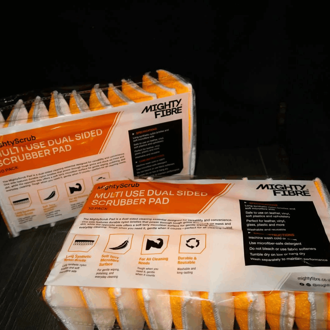 MightyFibre MightyScrub dual-sided multi-use scrubber pads with microfibre and synthetic bristle surfaces for car interior and exterior detailing.