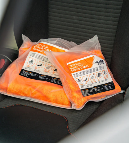 MightyFibre 1200GSM Super Soft car drying towels in orange, designed for fast, absorbent and scratch-free vehicle drying.