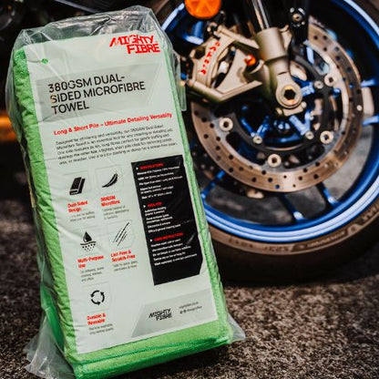 MightyFibre 380GSM dual-sided microfibre detailing towels, ideal for car cleaning, polishing and buffing.