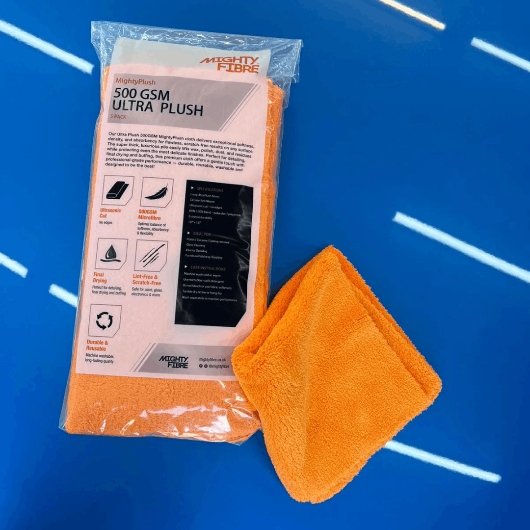 MightyFibre MightyPlush 500GSM Ultra Plush orange microfibre detailing towels, designed for car polishing, buffing and final drying.