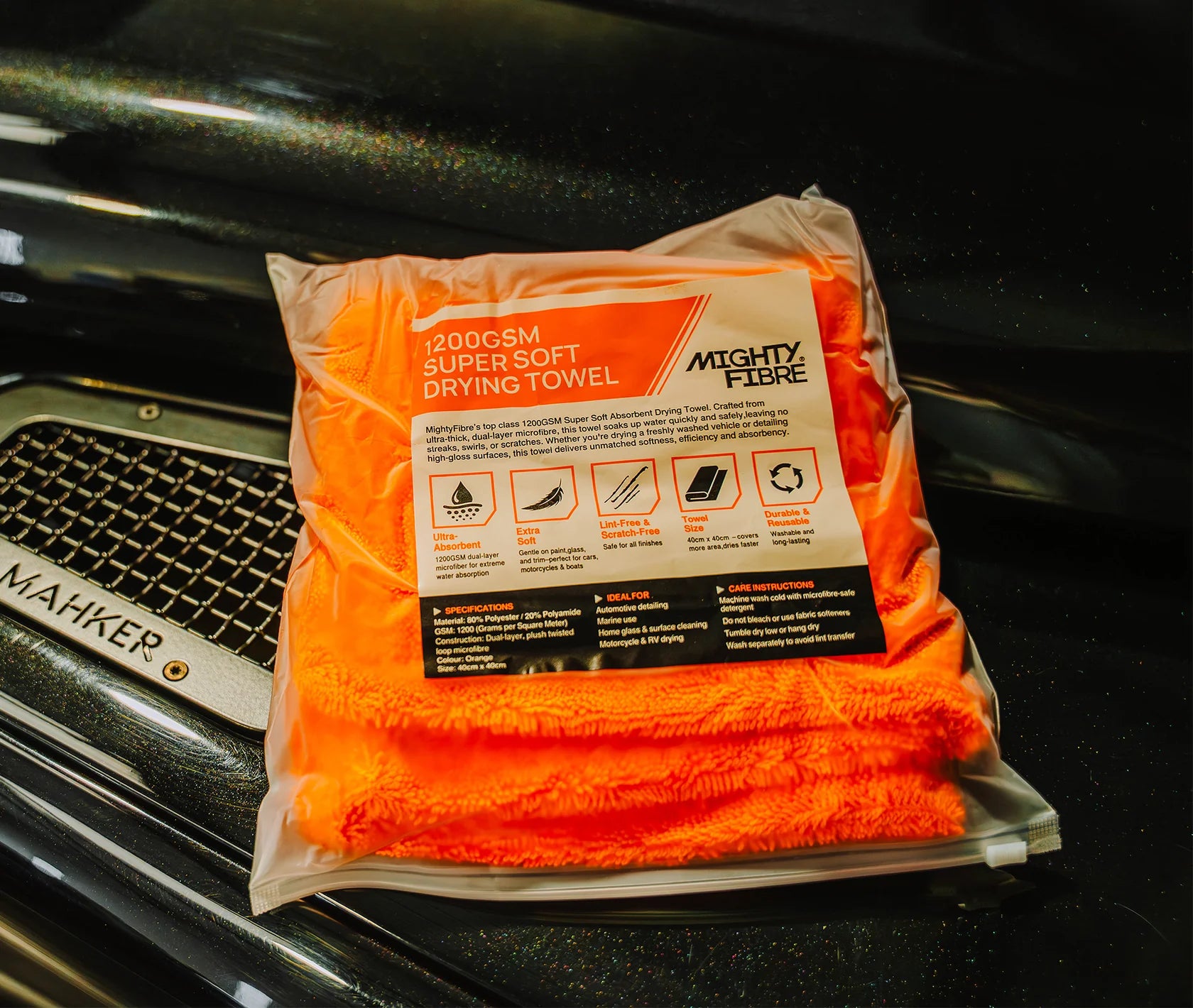 MightyFibre 1200GSM Super Soft car detailing drying towels in orange, designed for fast, absorbent and scratch-free car drying.