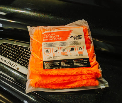 MightyFibre 1200GSM Super Soft car detailing drying towels in orange, designed for fast, absorbent and scratch-free car drying.