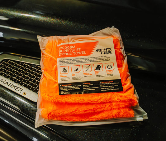 MightyFibre 1200GSM Super Soft car detailing drying towels in orange, designed for fast, absorbent and scratch-free car drying.