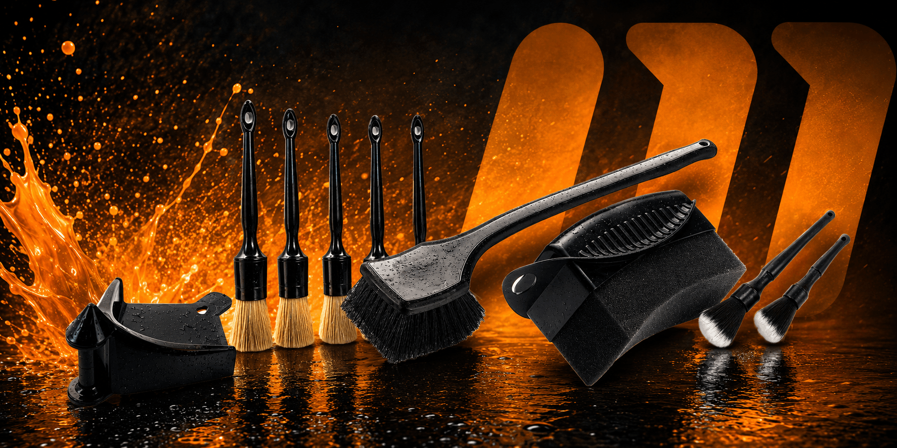 Imobi car detailing accessories including detailing brushes, wheel arch brush, tyre applicator and hose guides on an orange and black branded background.