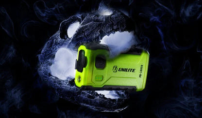 Unilite rechargeable powerbank LED work light with high-visibility casing, shown in wet and rugged conditions for professional detailing and workshop use.