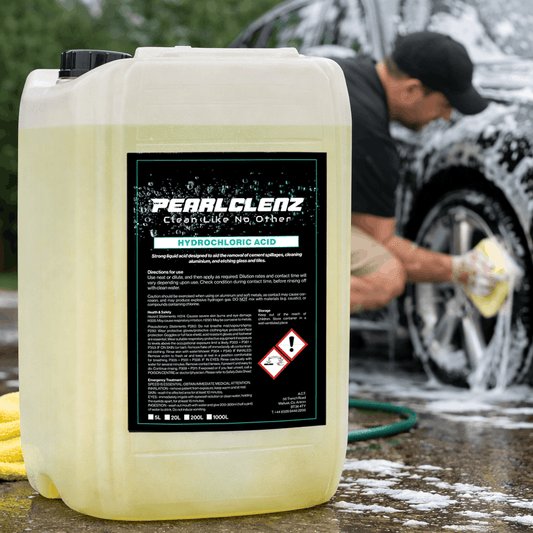 Pearlclenz Hydrochloric Acid professional cleaning solution for removing cement splashes and stubborn deposits from vehicles and equipment.