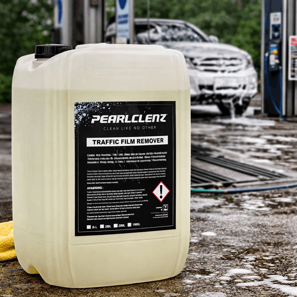 A large white plastic jerrycan of Pearlclenz Traffic Film Remover with a black label, placed on a wet concrete surface at a car wash with a soapy car blurred in the background.
