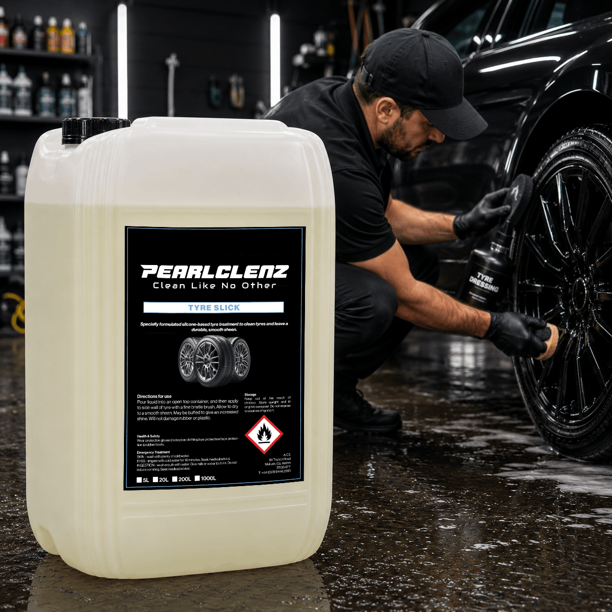 Pearlclenz Tyre Slick professional tyre dressing for a clean, glossy finish, shown alongside a detailer applying tyre dressing to a vehicle.
