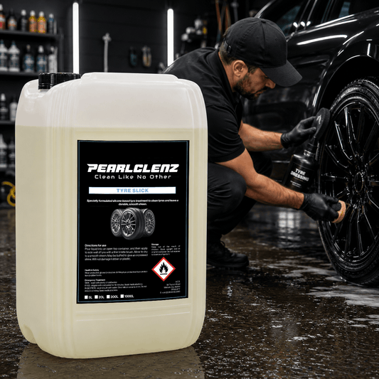 Pearlclenz Tyre Slick professional tyre dressing for a clean, glossy finish, shown alongside a detailer applying tyre dressing to a vehicle.