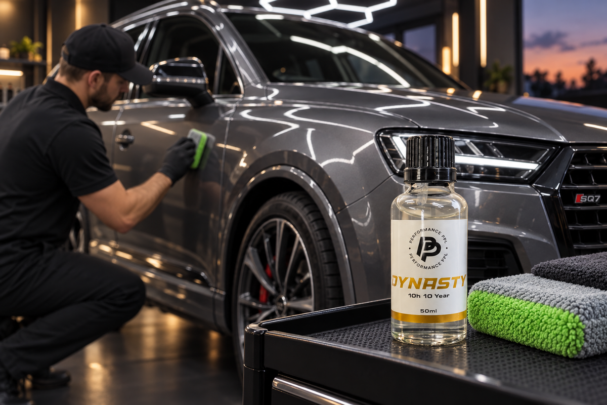 Performance PPL Dynasty 10-year ceramic coating beside an Audi SQ7 receiving professional paint protection