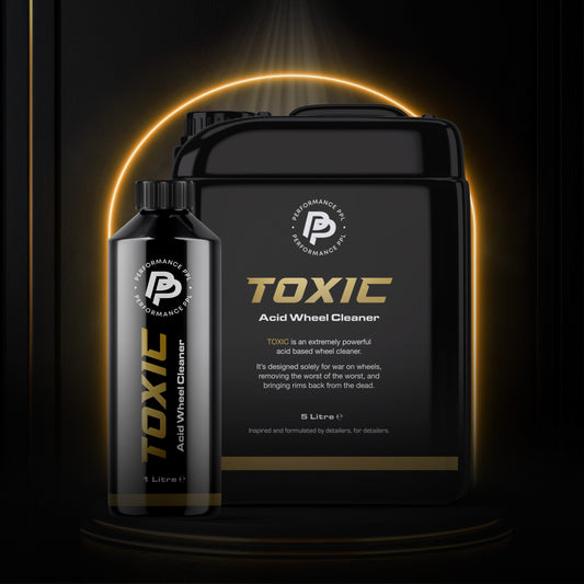Performance PPL Toxic Acid Wheel Cleaner available in 1L and 5L sizes. Professional acid-based wheel cleaner for removing stubborn brake dust, iron contamination, road grime and baked-on dirt from alloy wheels during car detailing and vehicle valeting.