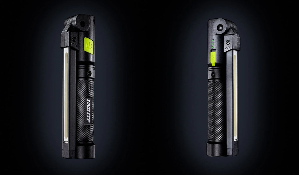 Compact Unilite folding LED inspection light for checking vehicle paintwork during polishing and professional car detailing.
