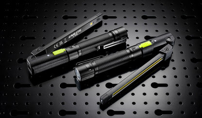 Pair of Unilite folding LED work lights for inspecting vehicle paintwork during machine polishing and car detailing.