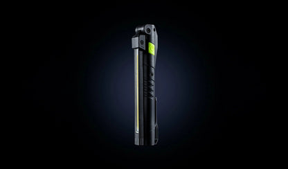 Unilite rechargeable LED inspection light held in a work glove for professional body shop.