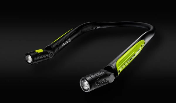 Unilite rechargeable neck light with dual adjustable LED lights and high-visibility detailing, designed for hands-free workshop and car detailing use.