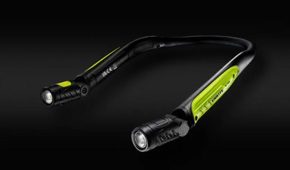 Unilite rechargeable neck light with dual adjustable LED lights and high-visibility detailing, designed for hands-free workshop and car detailing use.
