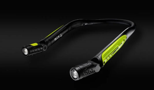 Unilite rechargeable neck light with dual adjustable LED lights and high-visibility detailing, designed for hands-free workshop and car detailing use.