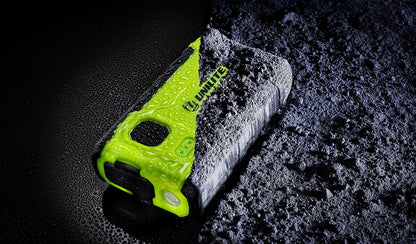 Unilite rechargeable LED work light with high-visibility green casing, shown in wet and rugged conditions for professional detailing and workshop use.