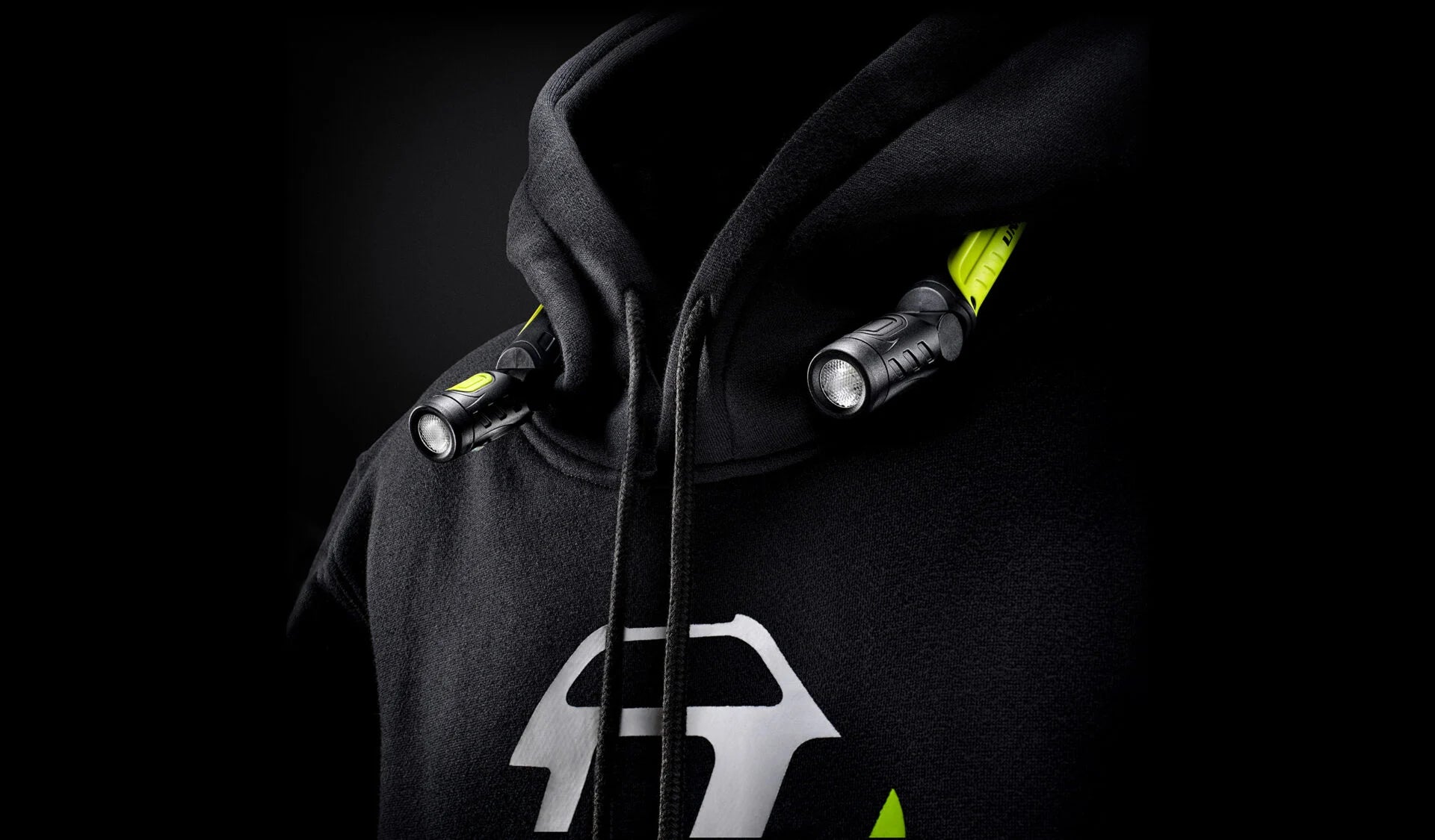 Unilite rechargeable neck light with dual adjustable LED torches, providing hands-free lighting for car detailing, inspection and workshop tasks.