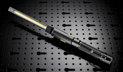 Two compact Unilite rechargeable work lights with folding LED arms for car cleaning, detailing and paintwork inspection.