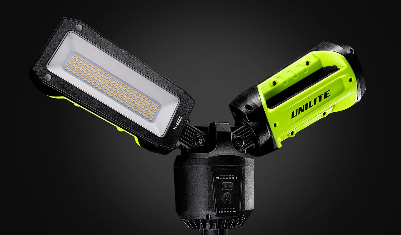Unilite work light construction tripod light with 2 lights for plumbers, electricians, construction sites.